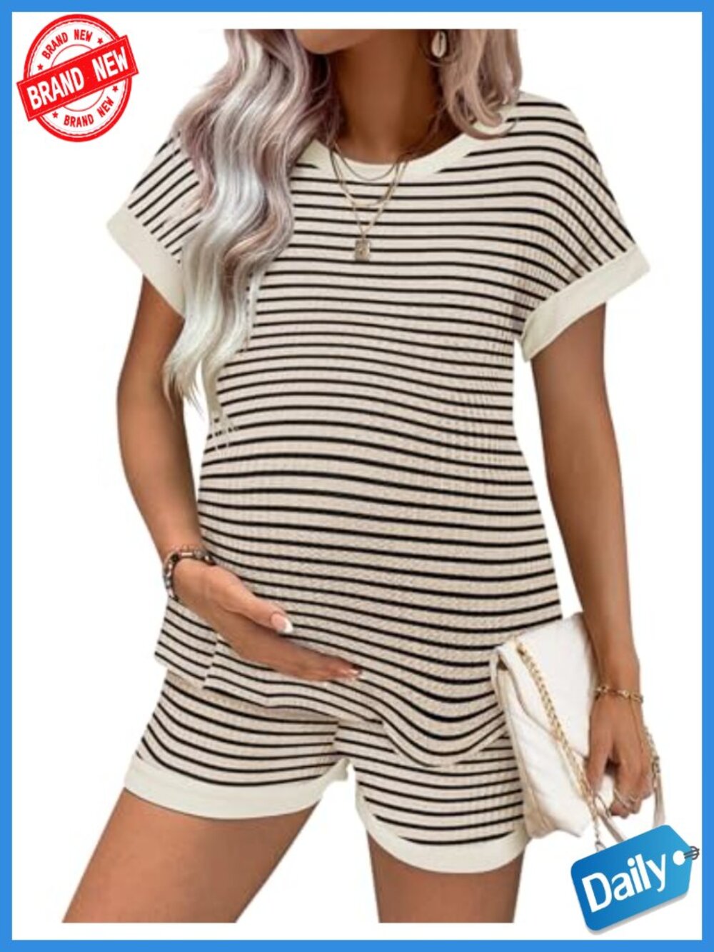Maternity Pajama Set 2 Piece Waffle Knit Short Sleeve Sleepwear Lounge - Picture 1 of 6